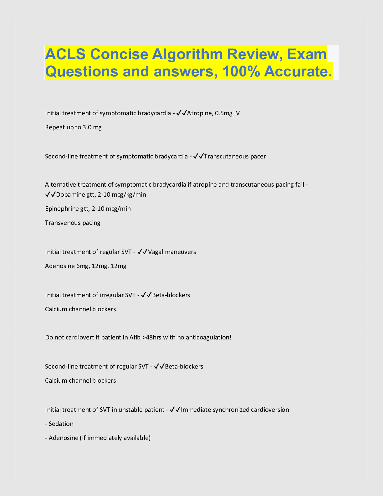 Preview image for ACLS Concise Algorithm Review, Exam  Questions and answers, 100% Accurate. Initial treatment of symptomatic bradycardia -